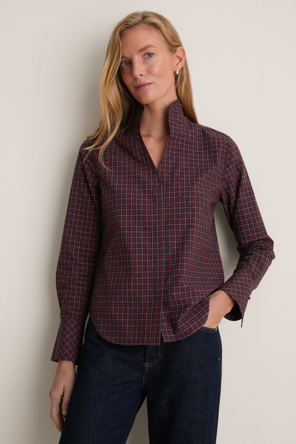 Embellished Festive Plaid Cotton Bessette Button Down