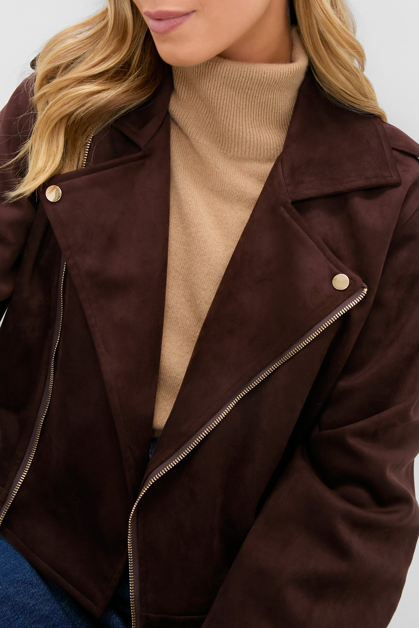 Chocolate Faux Suede Bristol Jacket, classic and effortless with gold hardware, layered over a tan turtleneck, perfect for high-end, fun autumn styling.
