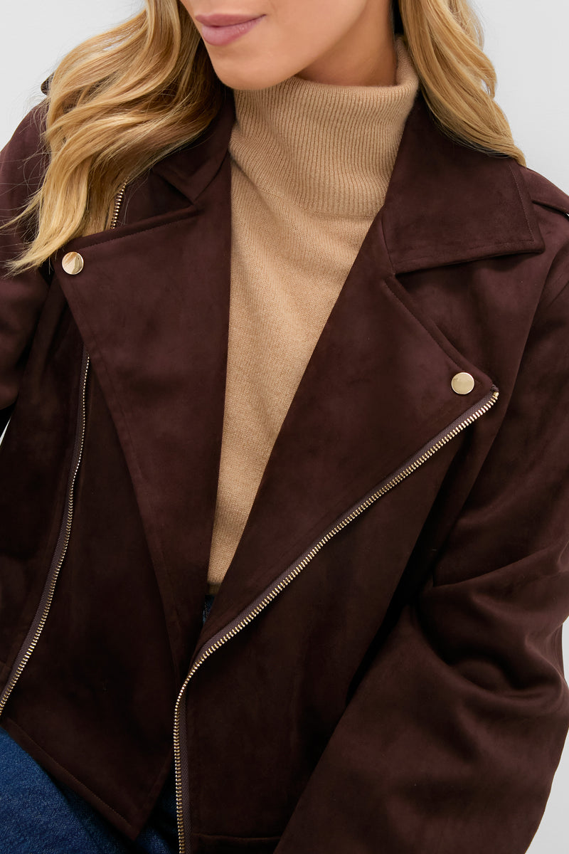 Chocolate Faux Suede Bristol Jacket, classic and effortless with gold hardware, layered over a tan turtleneck, perfect for high-end, fun autumn styling.