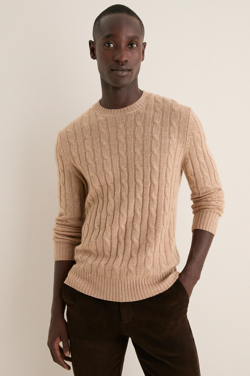 Men's Camel Cashmere Wool Cable Peter Crewneck