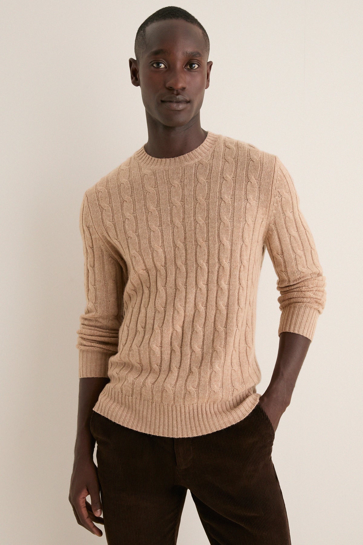 Men's Camel Cashmere Wool Cable Peter Crewneck