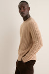 Men's Camel Cashmere Wool Cable Peter Crewneck