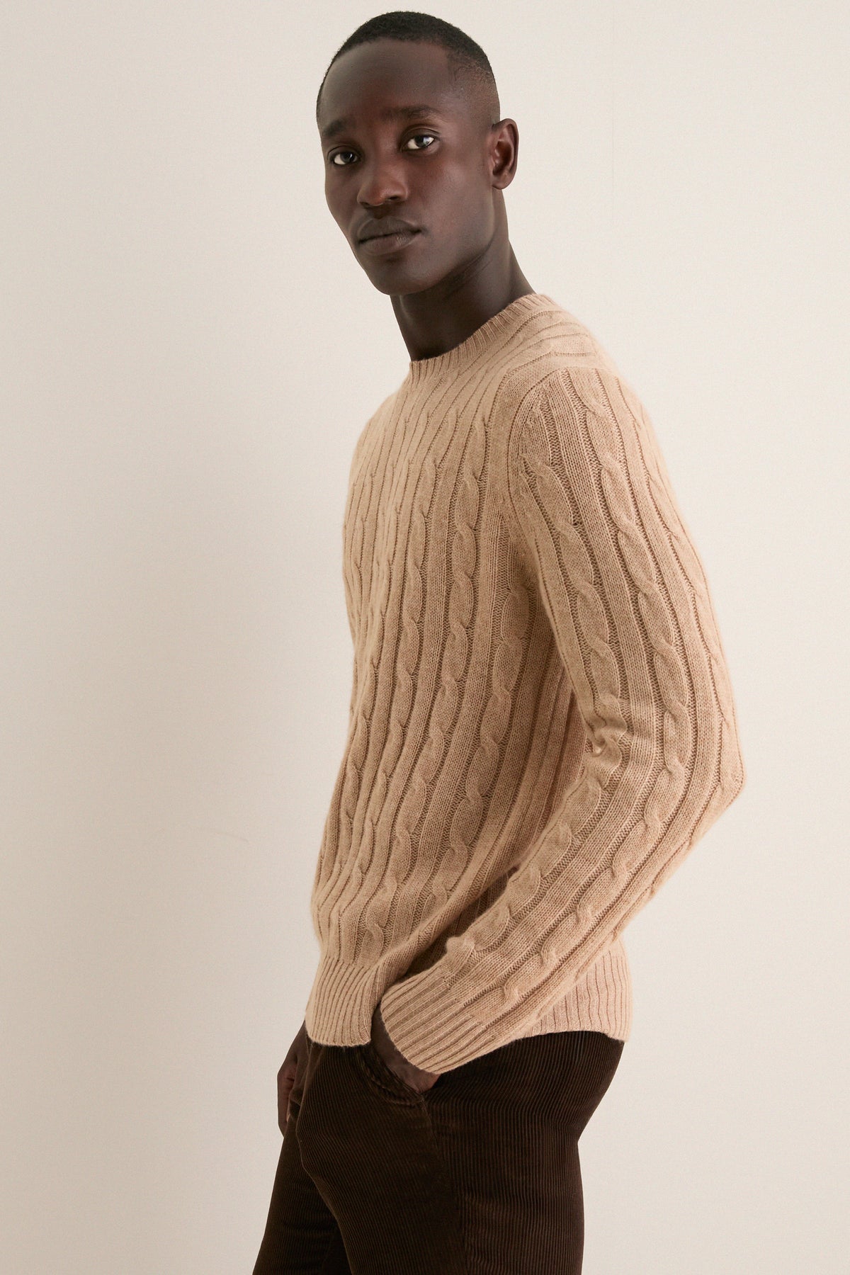 Men's Camel Cashmere Wool Cable Peter Crewneck