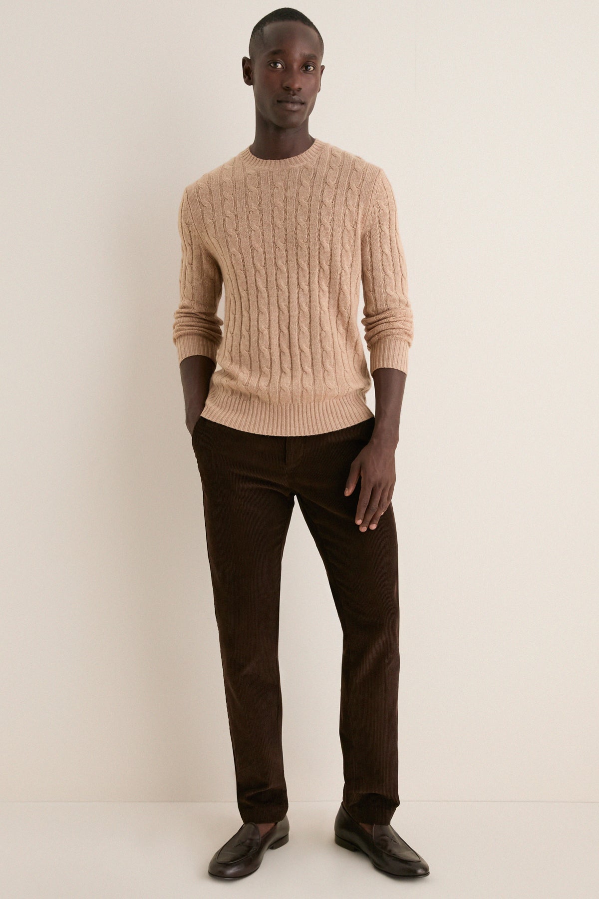 Men's Camel Cashmere Wool Cable Peter Crewneck