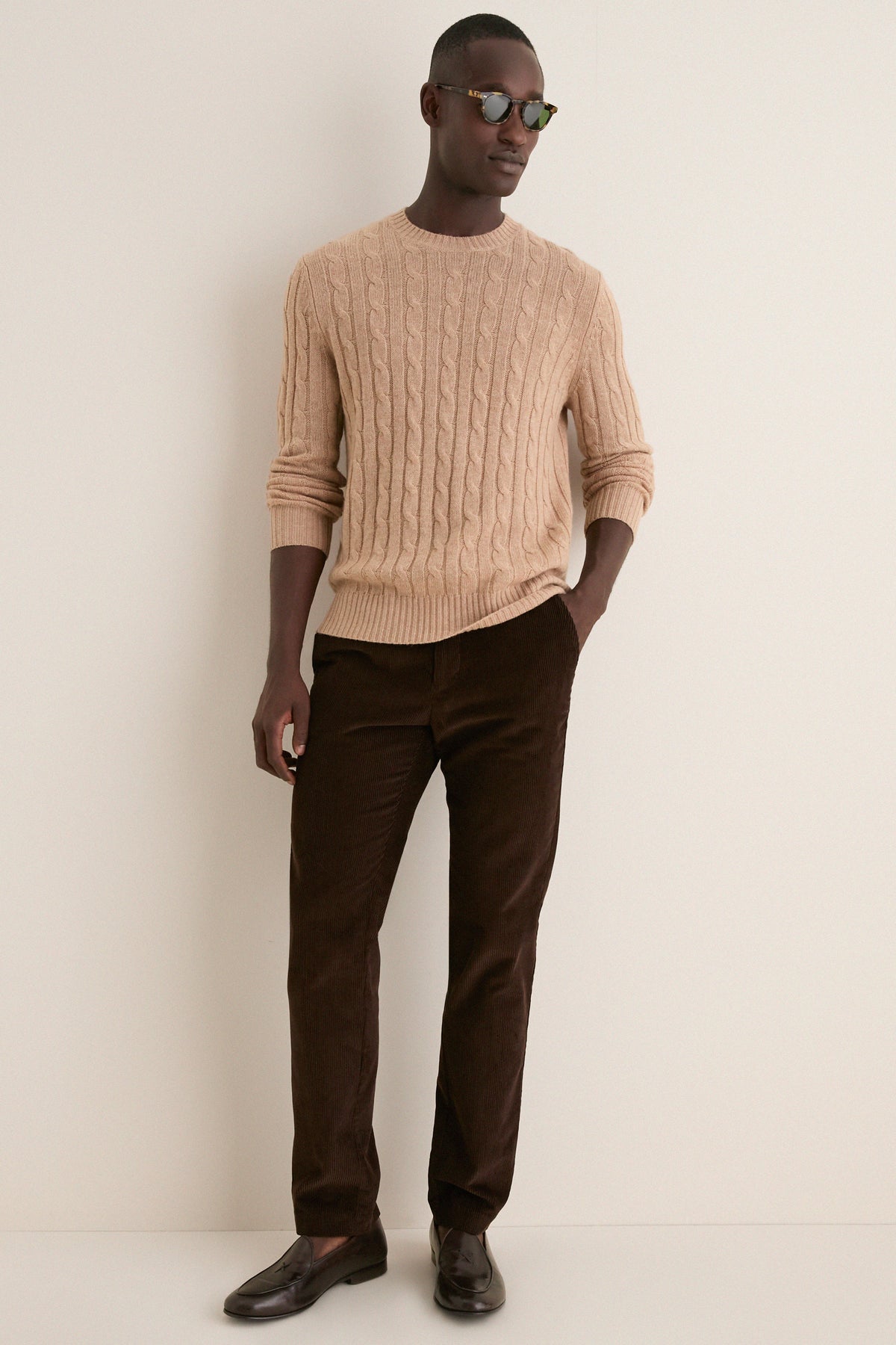 Men's Camel Cashmere Wool Cable Peter Crewneck
