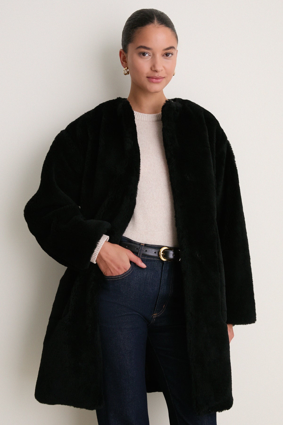 Black Martina Long Sherpa Coat