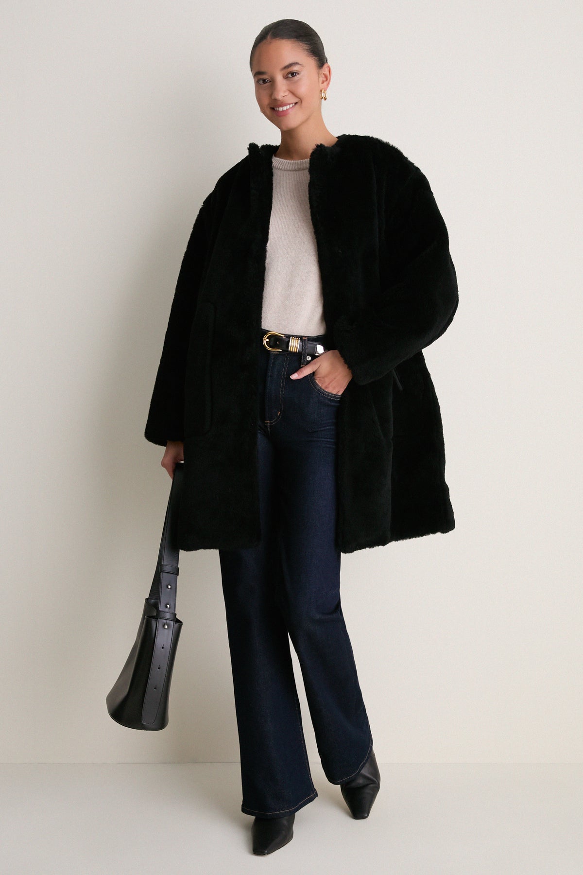 Black Martina Long Sherpa Coat