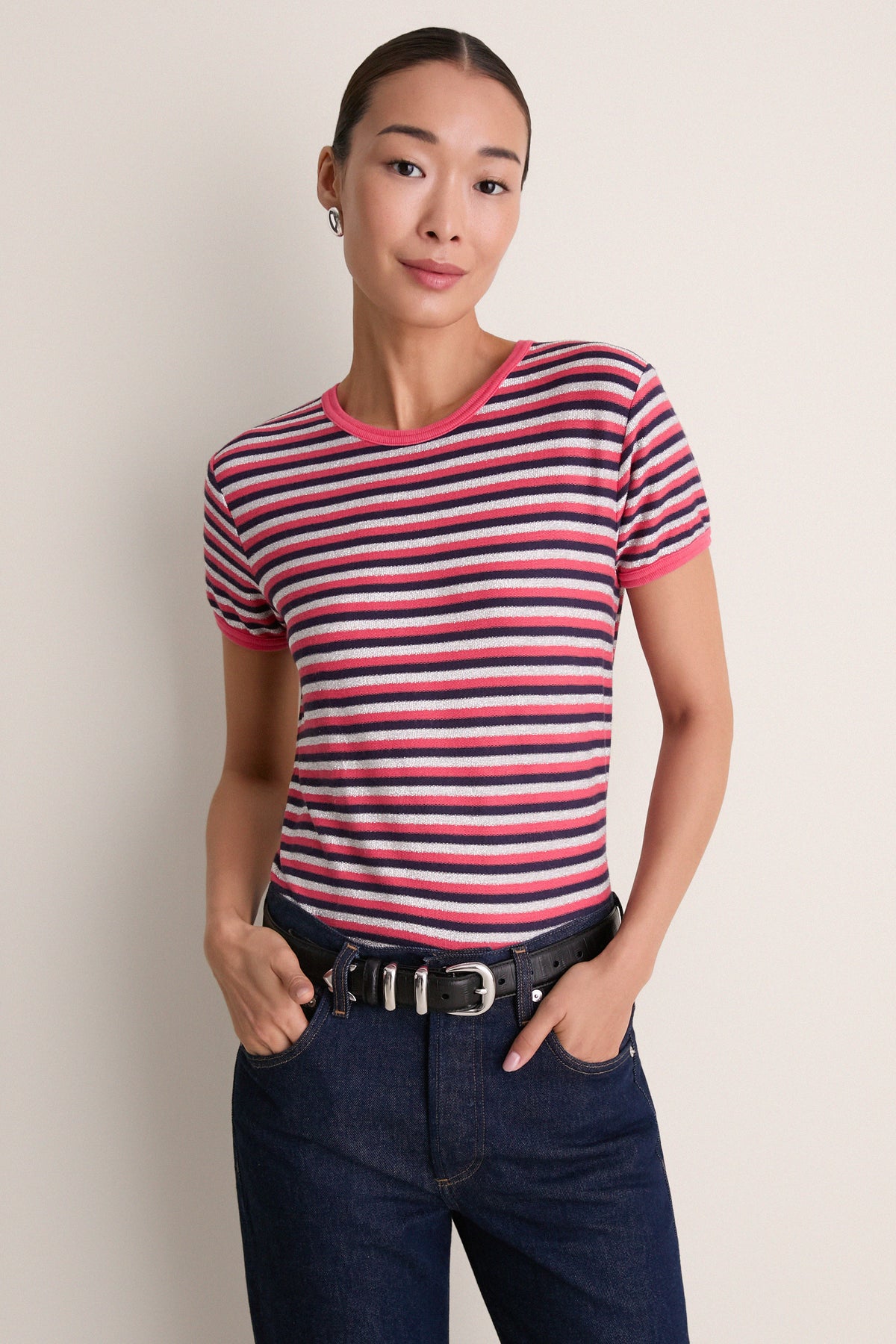 Navy Silver Pink Stripe The Lil Goodie Ringer