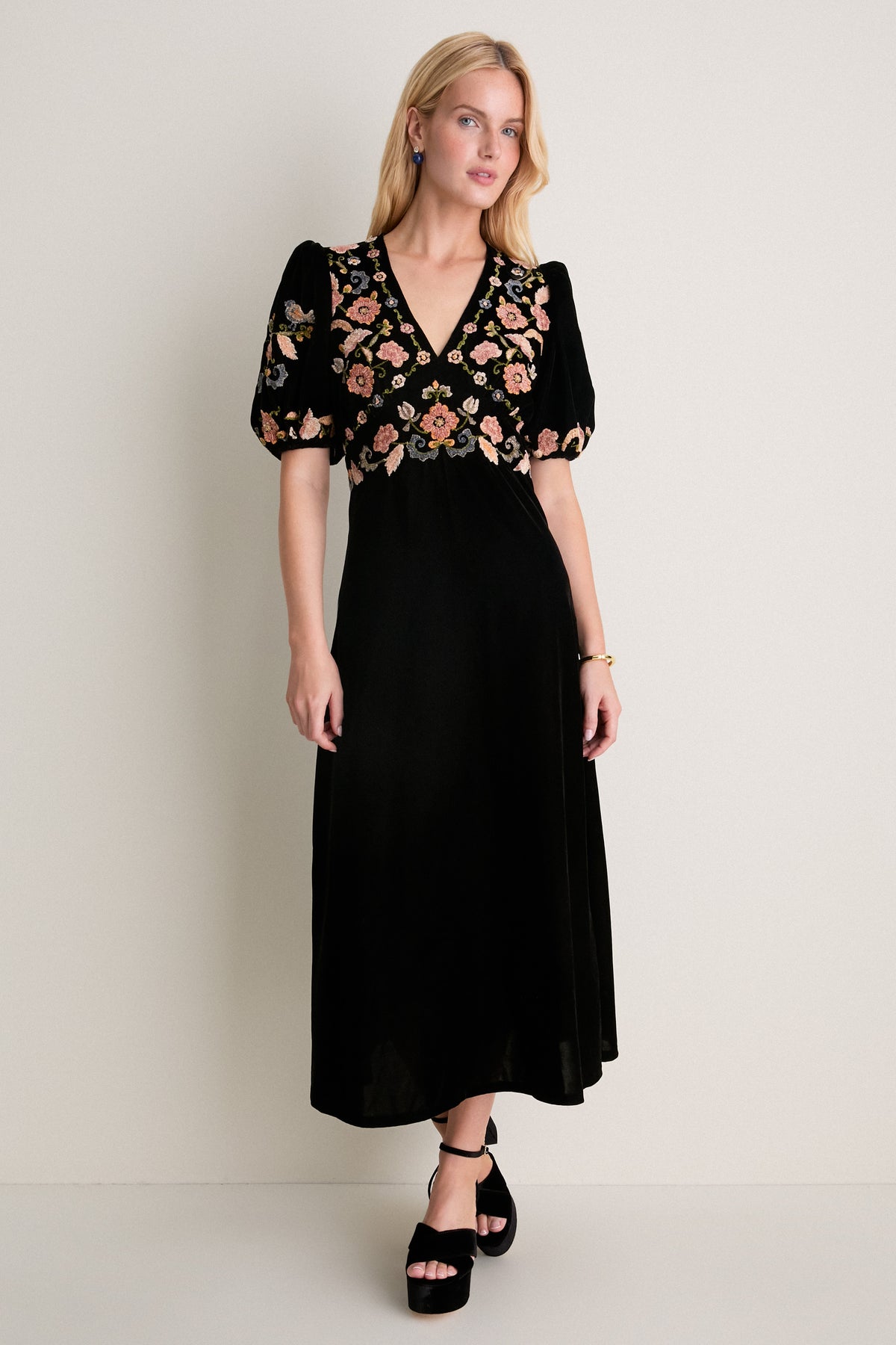 Black Alessandra Embroidered Midi Dress