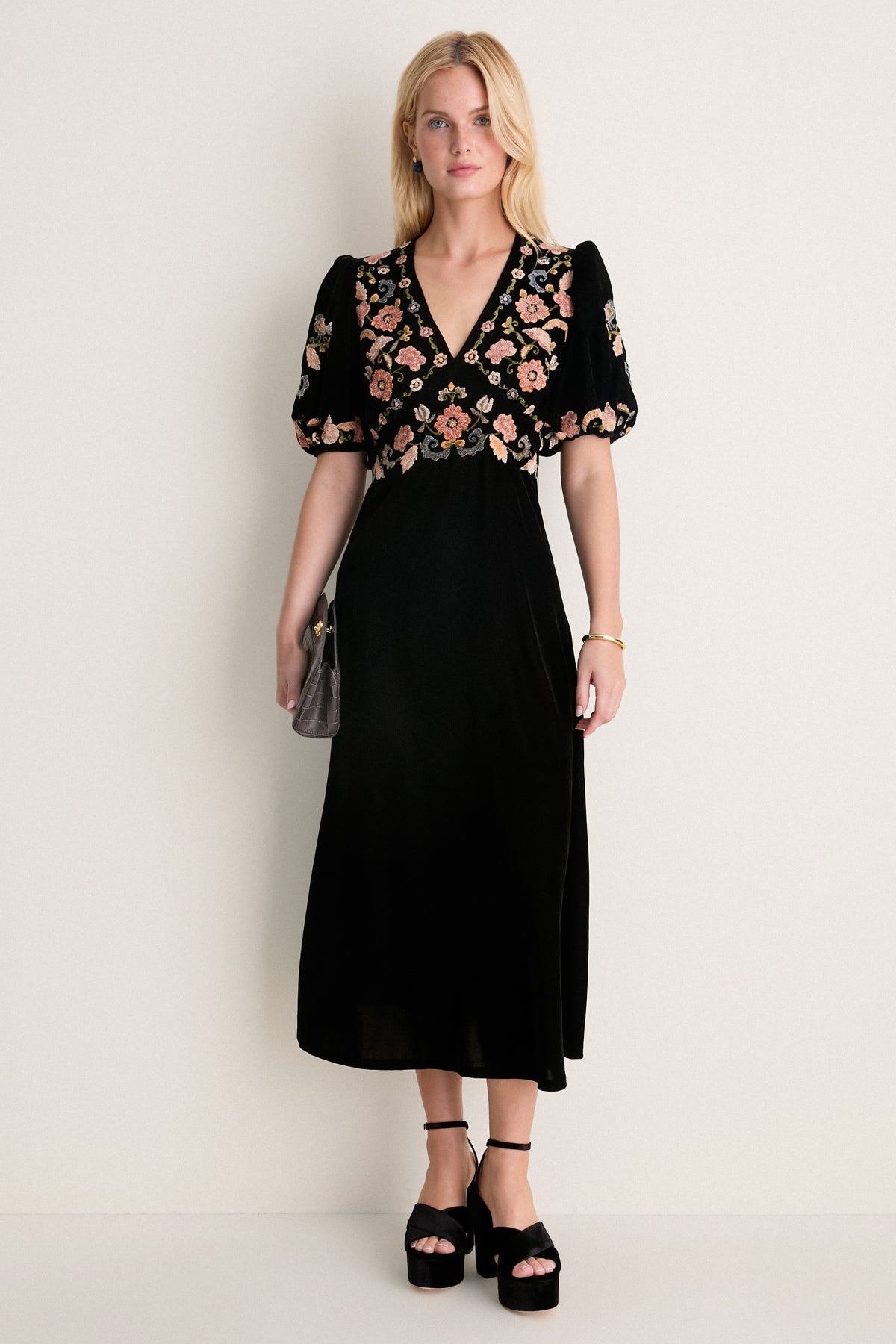 Black Alessandra Embroidered Midi Dress