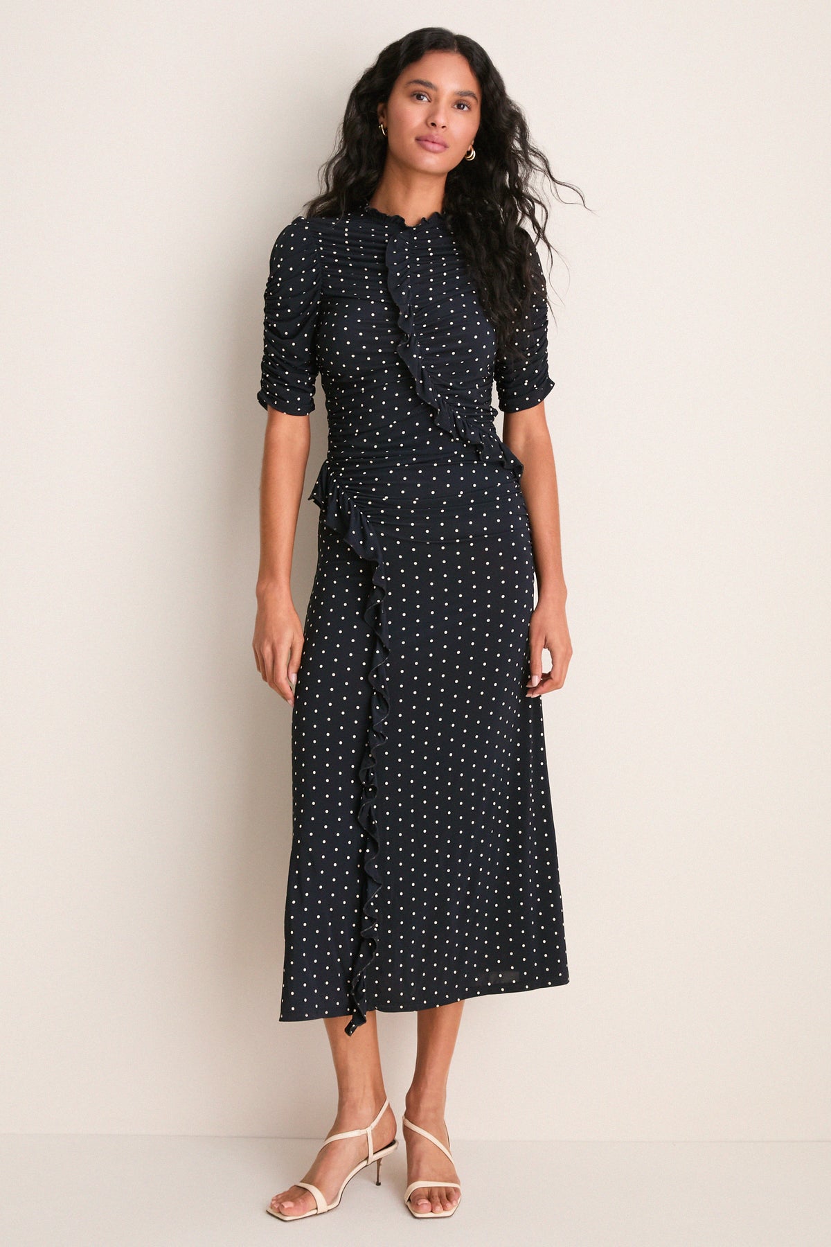 Black Jeanne Polka Dot Rouched Midi Dress