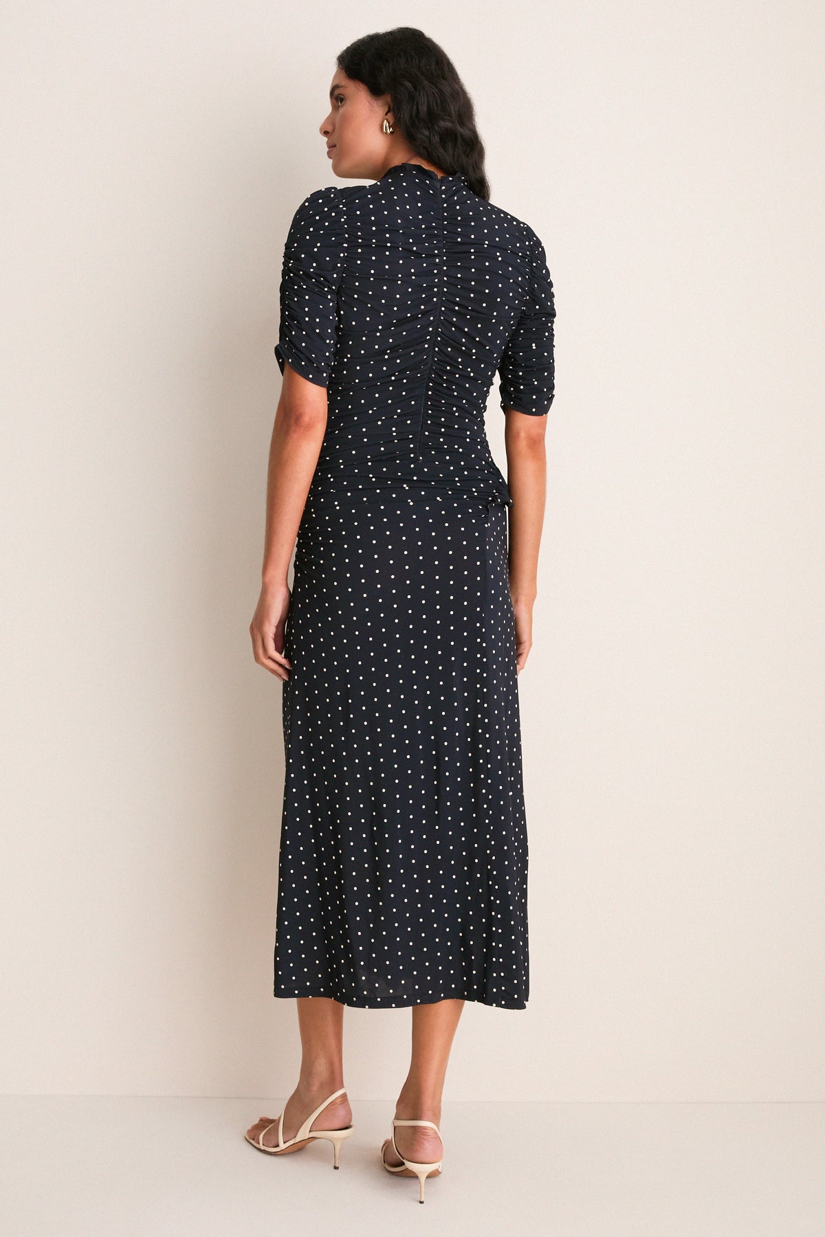 Black Jeanne Polka Dot Rouched Midi Dress