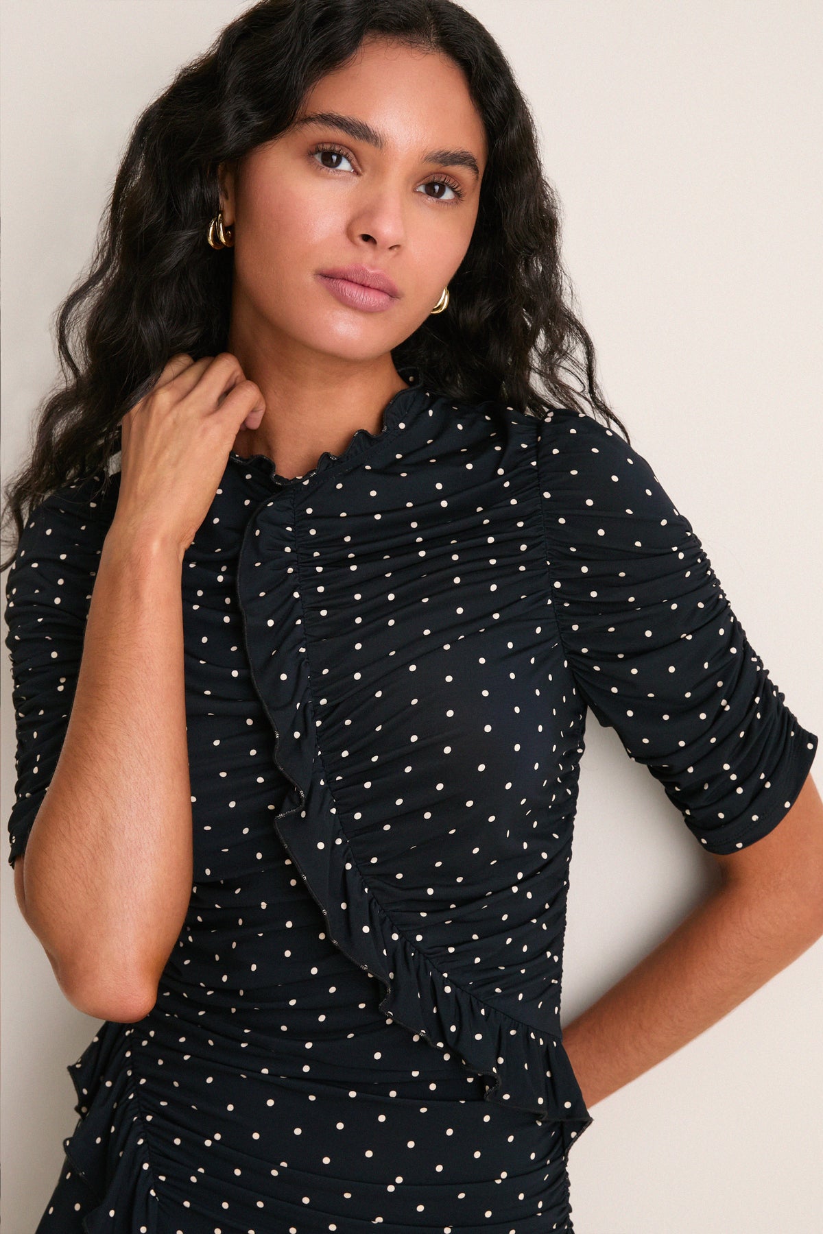 Black Jeanne Polka Dot Rouched Midi Dress