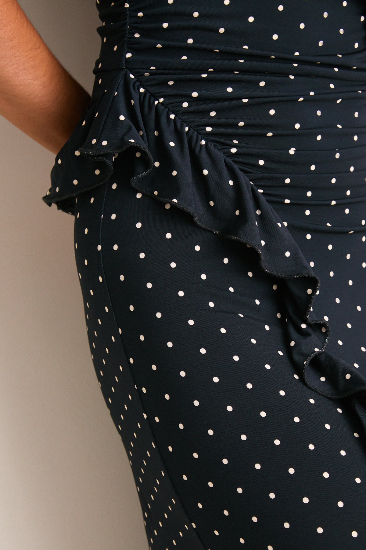 Black Jeanne Polka Dot Rouched Midi Dress