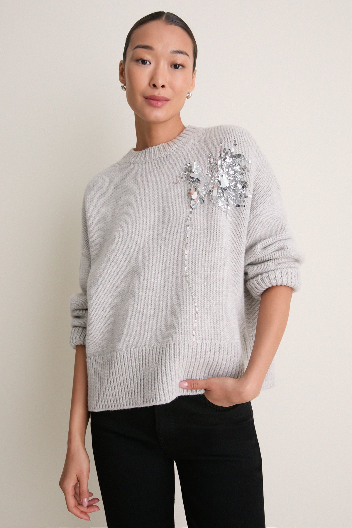 Gray Wool Blend Beaded Brooch Celia Crewneck