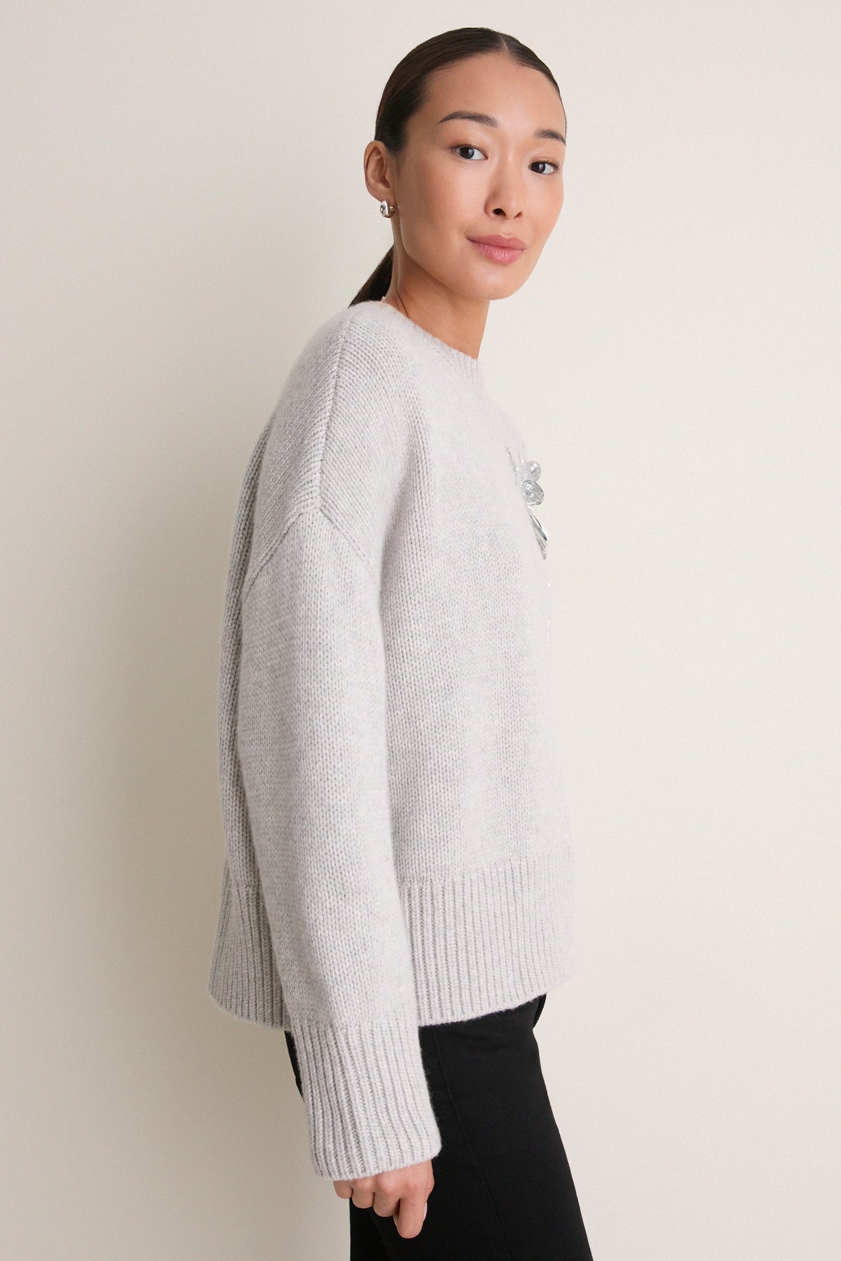 Gray Wool Blend Beaded Brooch Celia Crewneck
