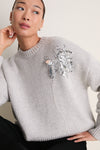 Gray Wool Blend Beaded Brooch Celia Crewneck