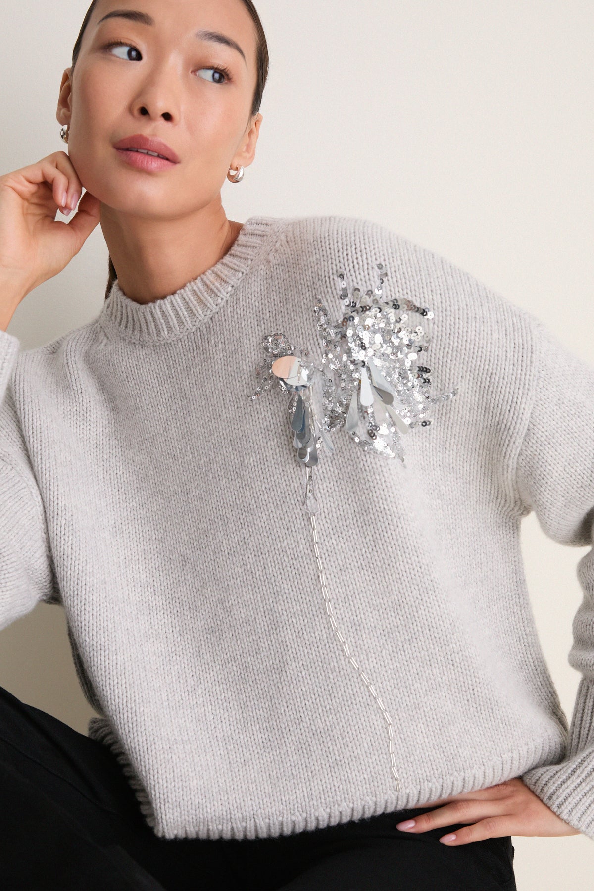 Gray Wool Blend Beaded Brooch Celia Crewneck