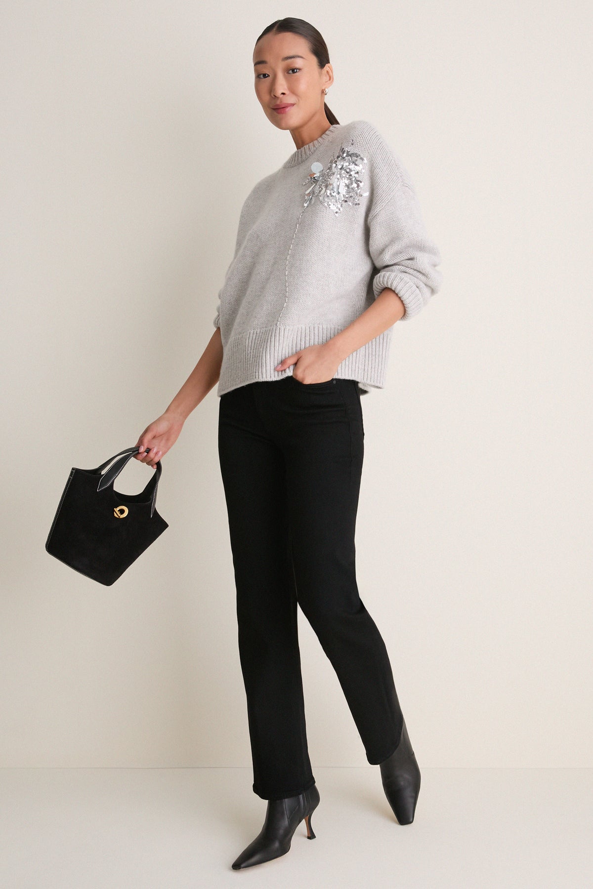 Gray Wool Blend Beaded Brooch Celia Crewneck