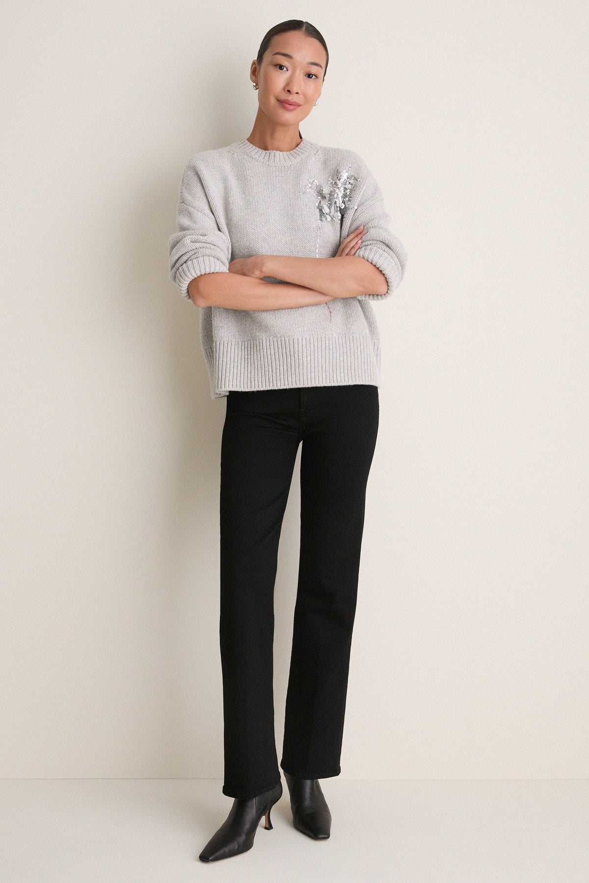 Gray Wool Blend Beaded Brooch Celia Crewneck