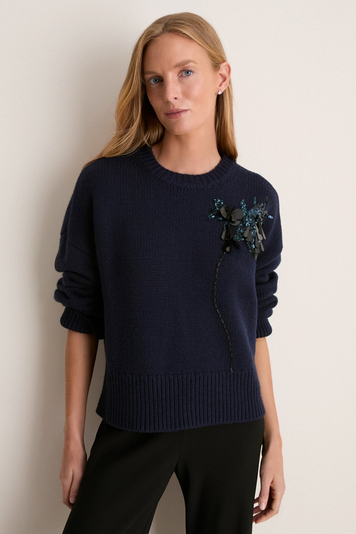 Navy Wool Blend Beaded Brooch Celia Crewneck