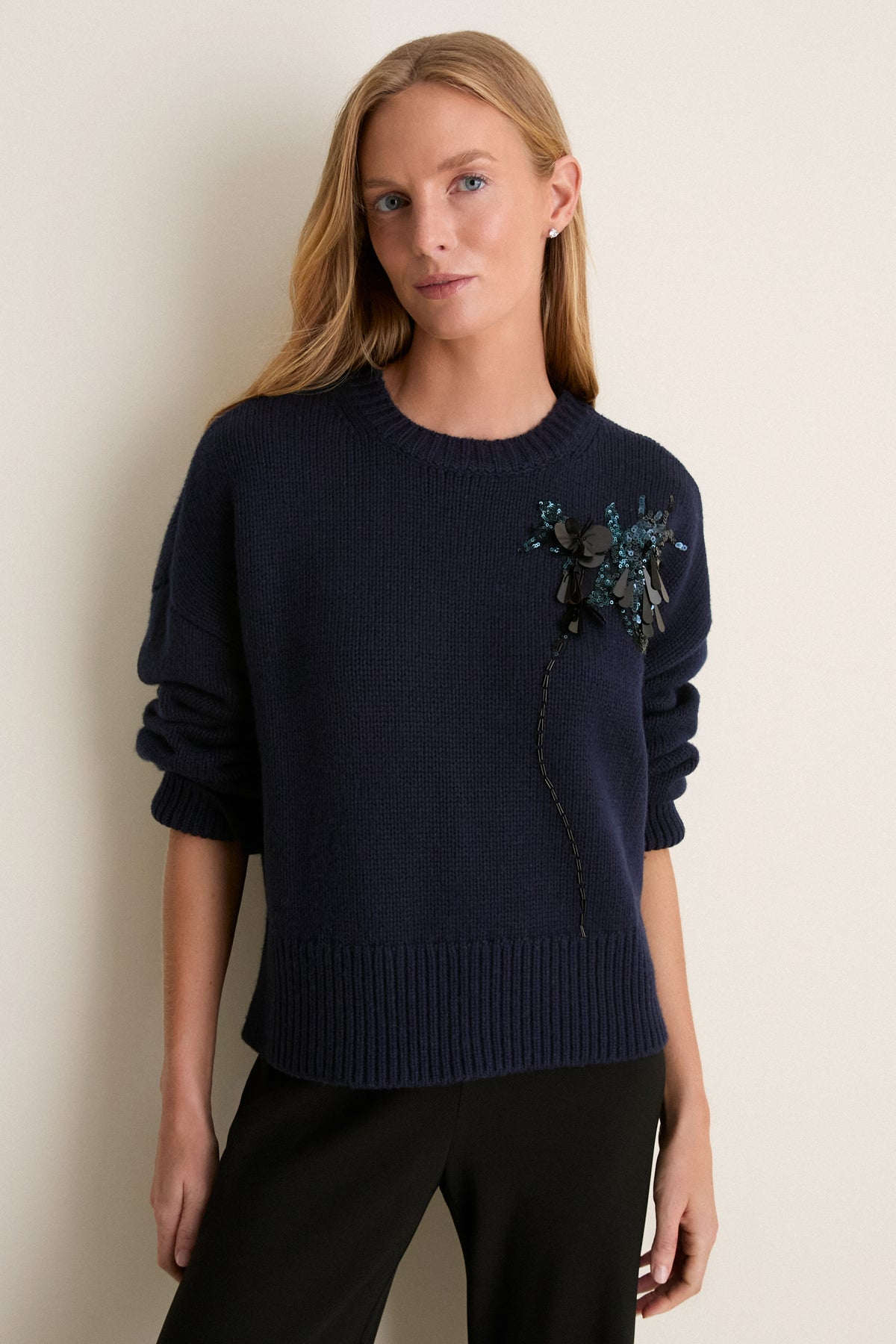 Navy Wool Blend Beaded Brooch Celia Crewneck