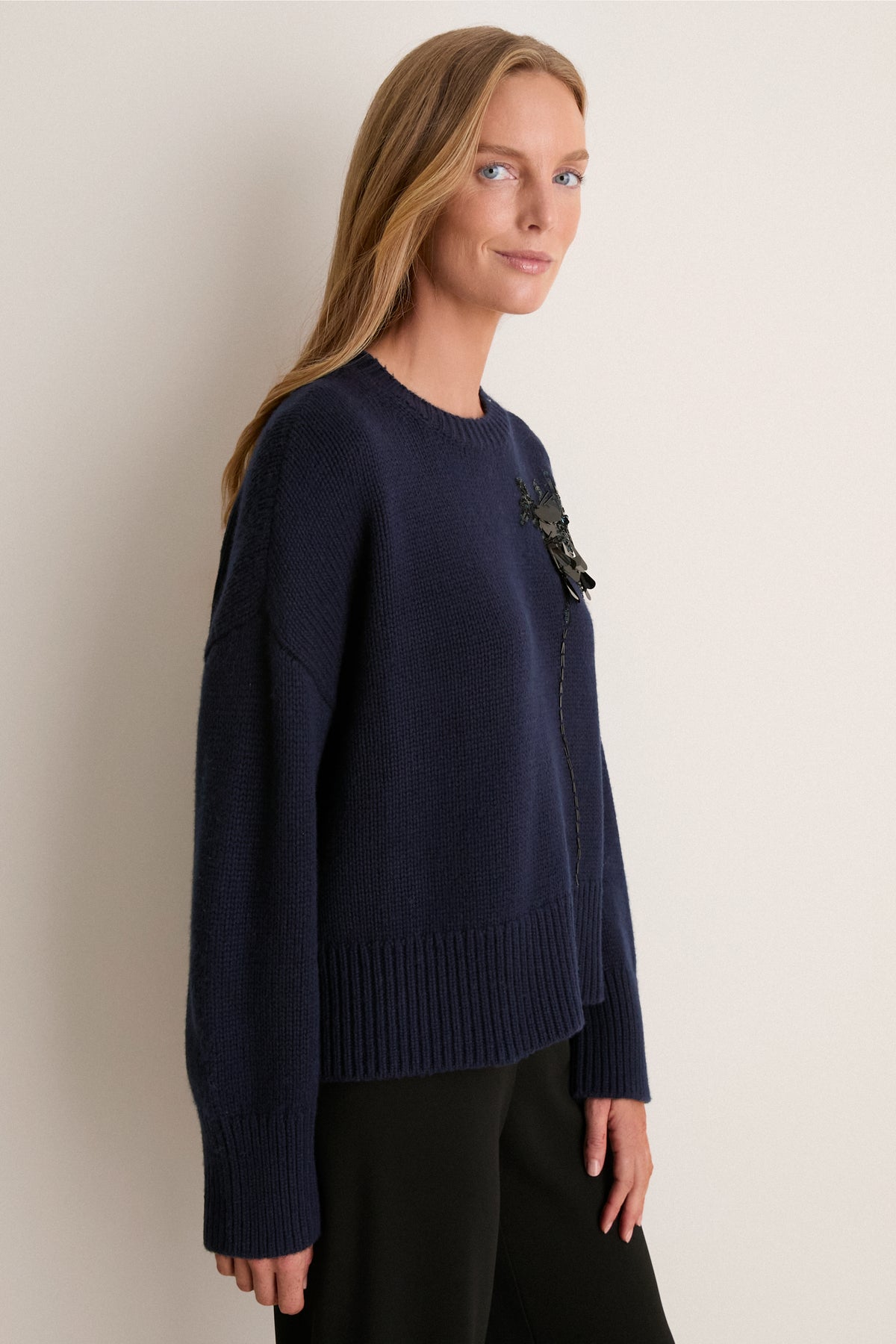 Navy Wool Blend Beaded Brooch Celia Crewneck