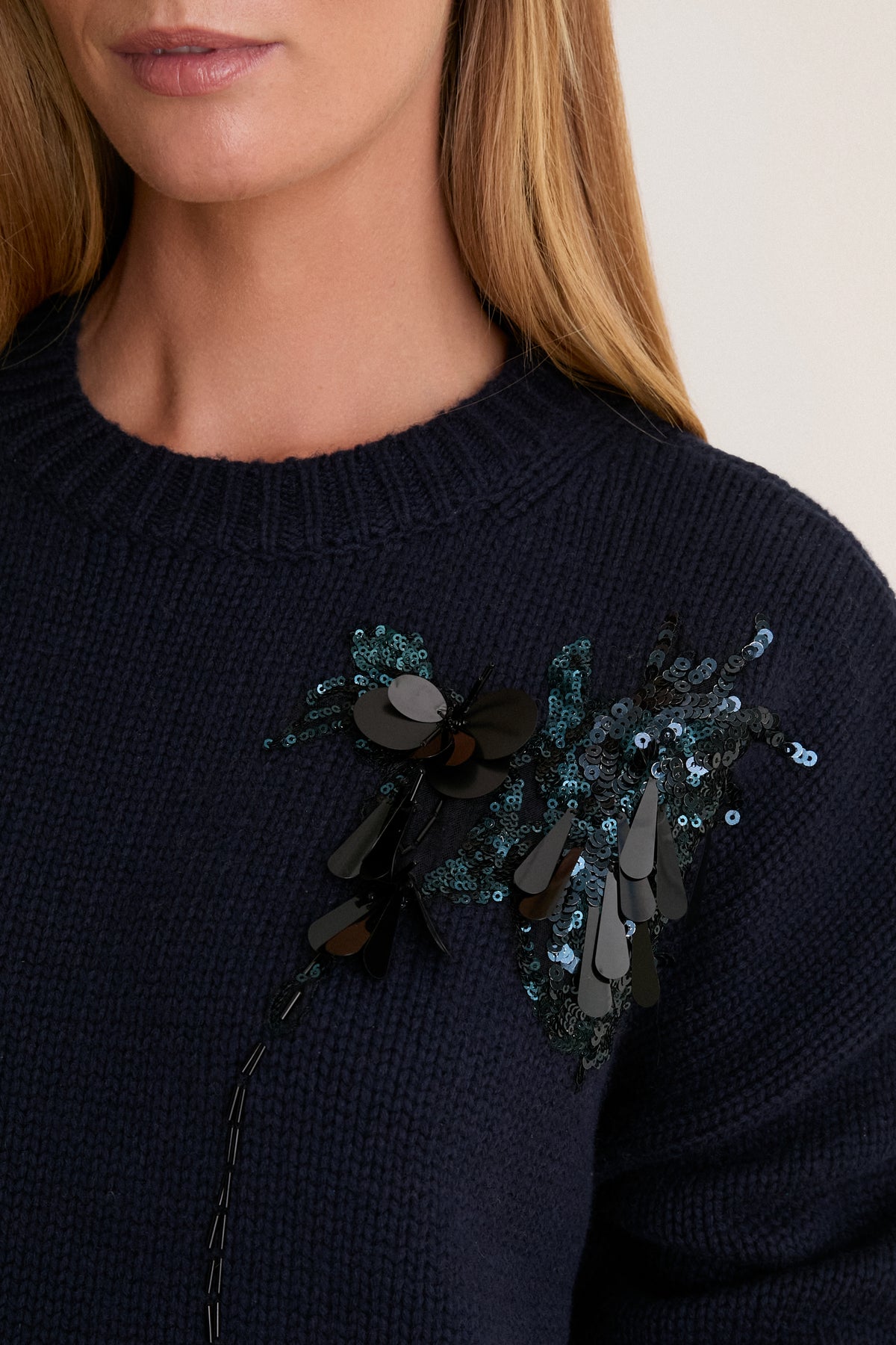 Navy Wool Blend Beaded Brooch Celia Crewneck