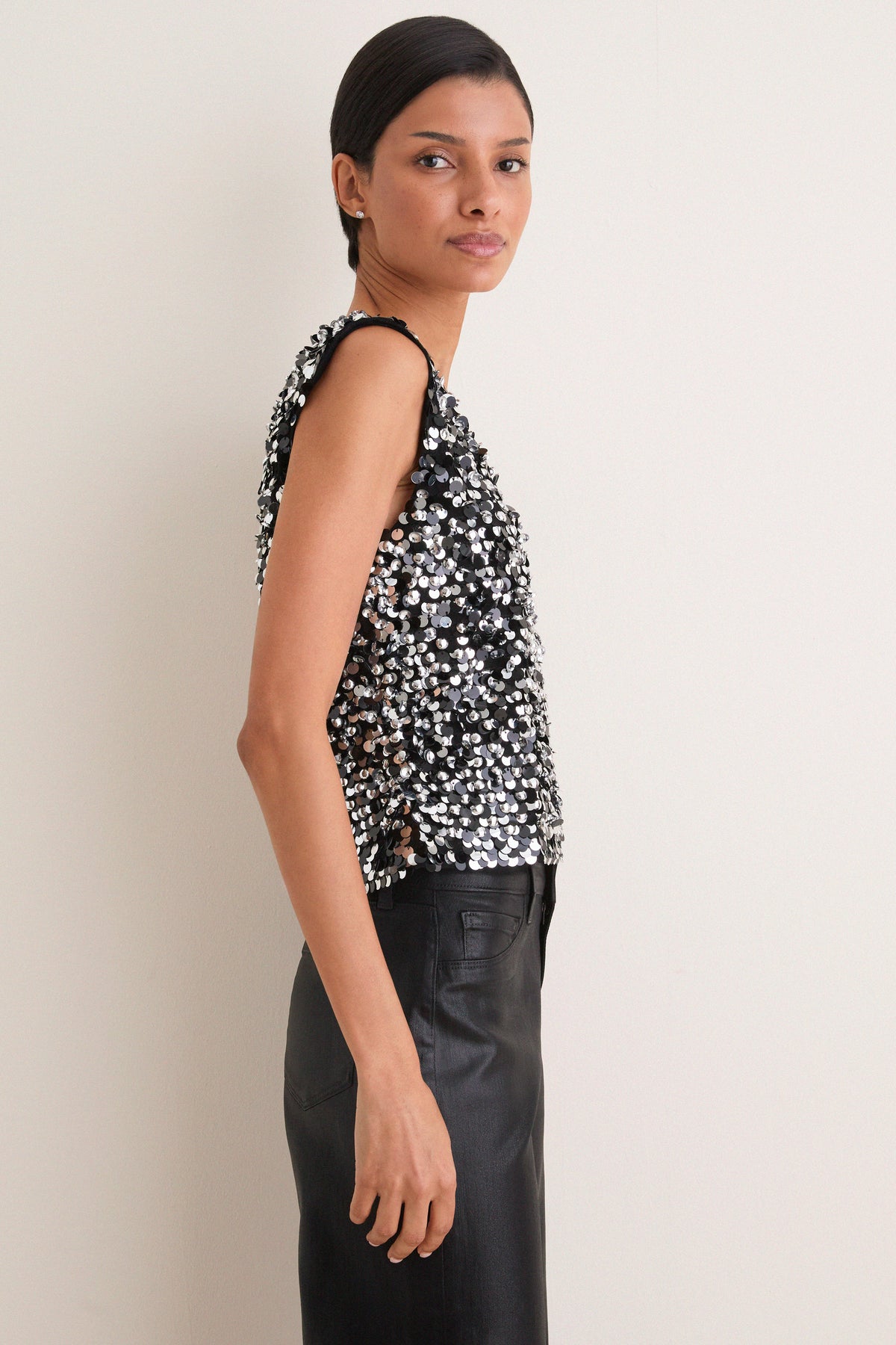 Polo Black Sequin Mesh Knit Sleeveless Tank