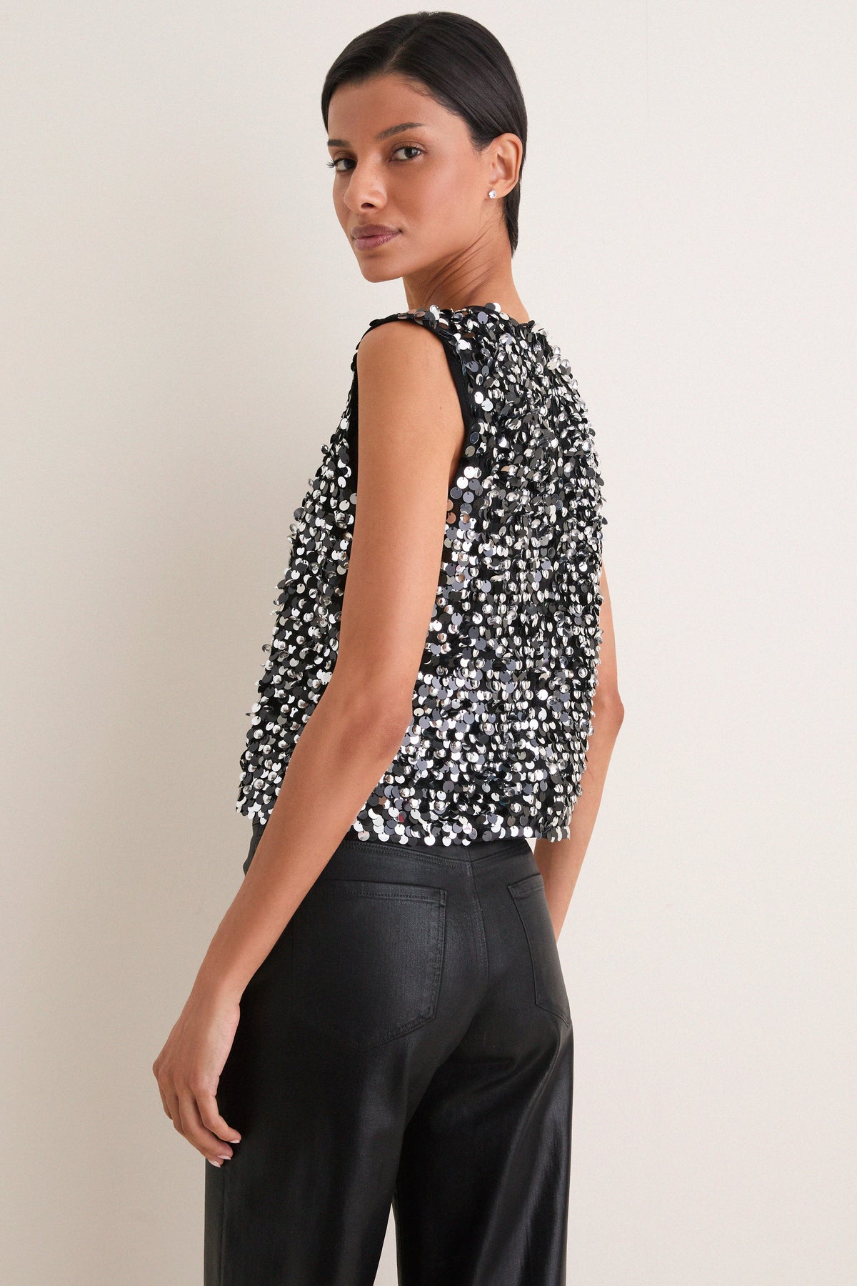 Polo Black Sequin Mesh Knit Sleeveless Tank