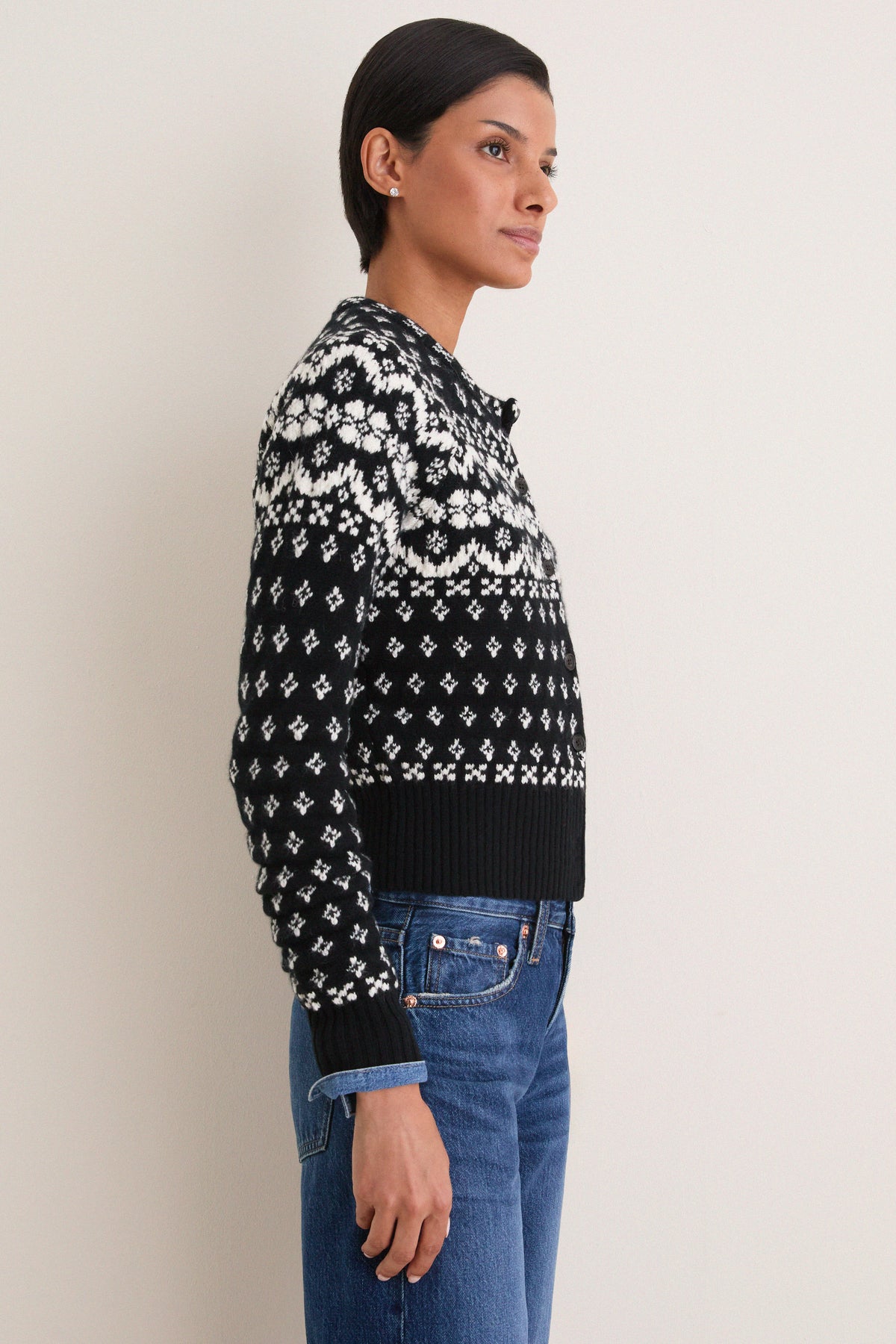 Black and Cream Wool Cotton Long Sleeve Crewneck Cardigan