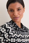 Black and Cream Wool Cotton Long Sleeve Crewneck Cardigan