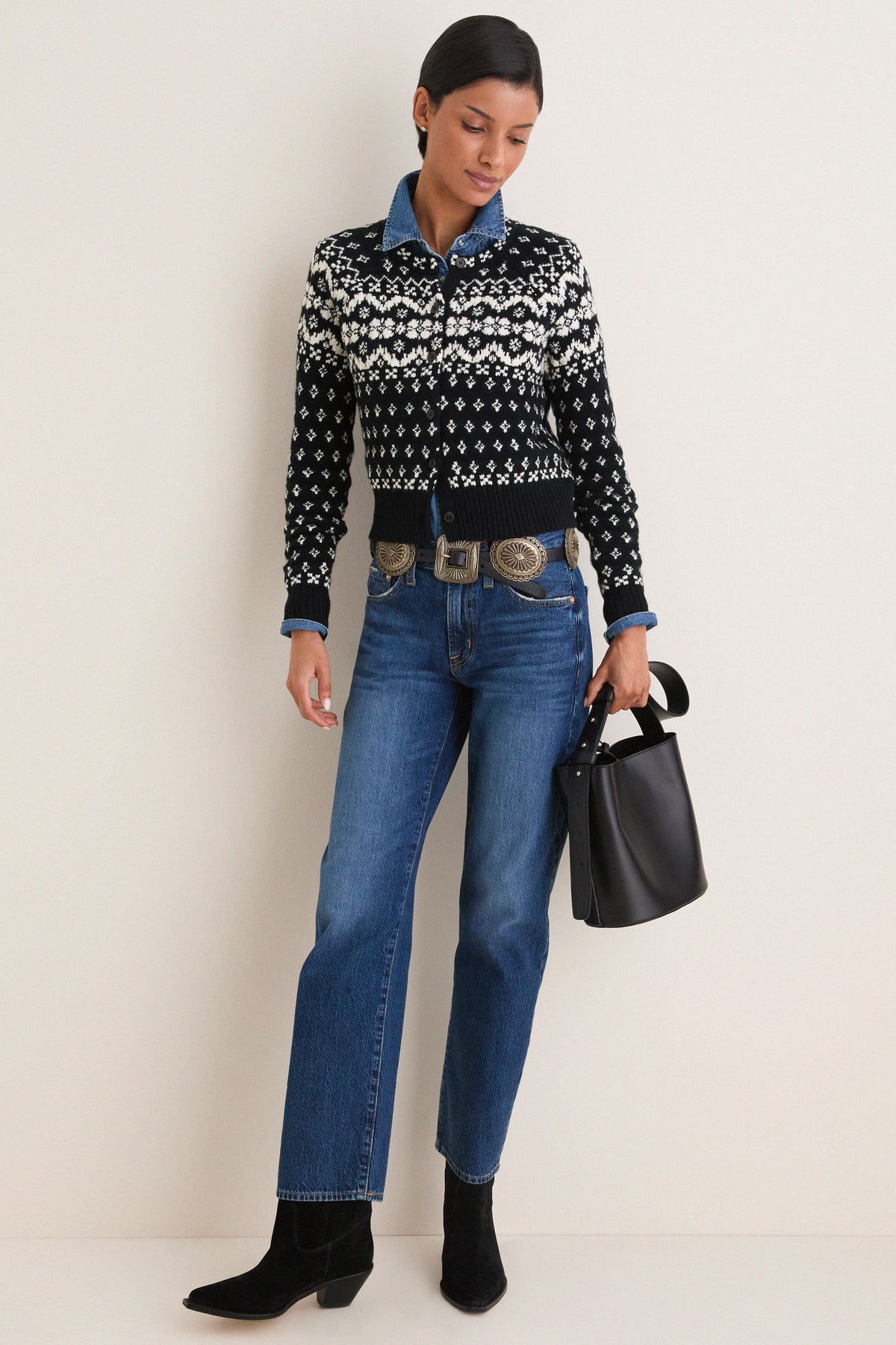 Black and Cream Wool Cotton Long Sleeve Crewneck Cardigan