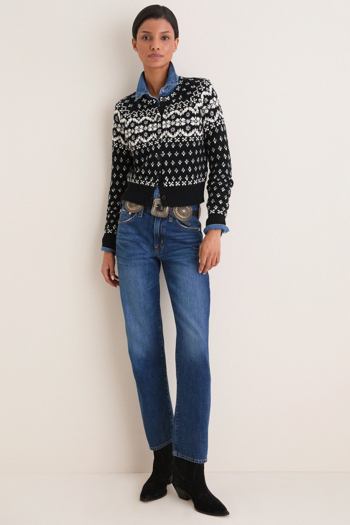 Black and Cream Wool Cotton Long Sleeve Crewneck Cardigan