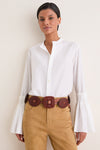 White Cotton Silk Organdy Band Collar Shirt