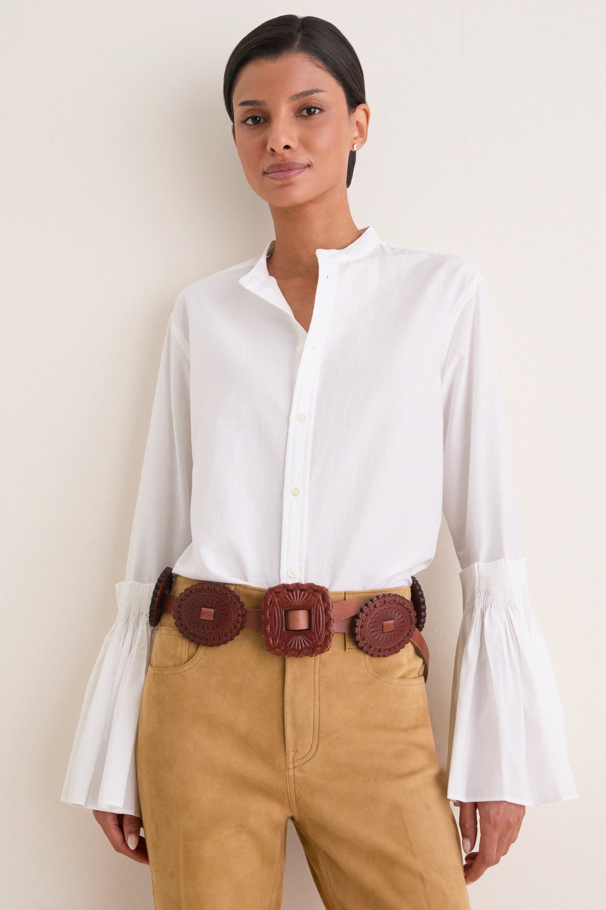 White Cotton Silk Organdy Band Collar Shirt