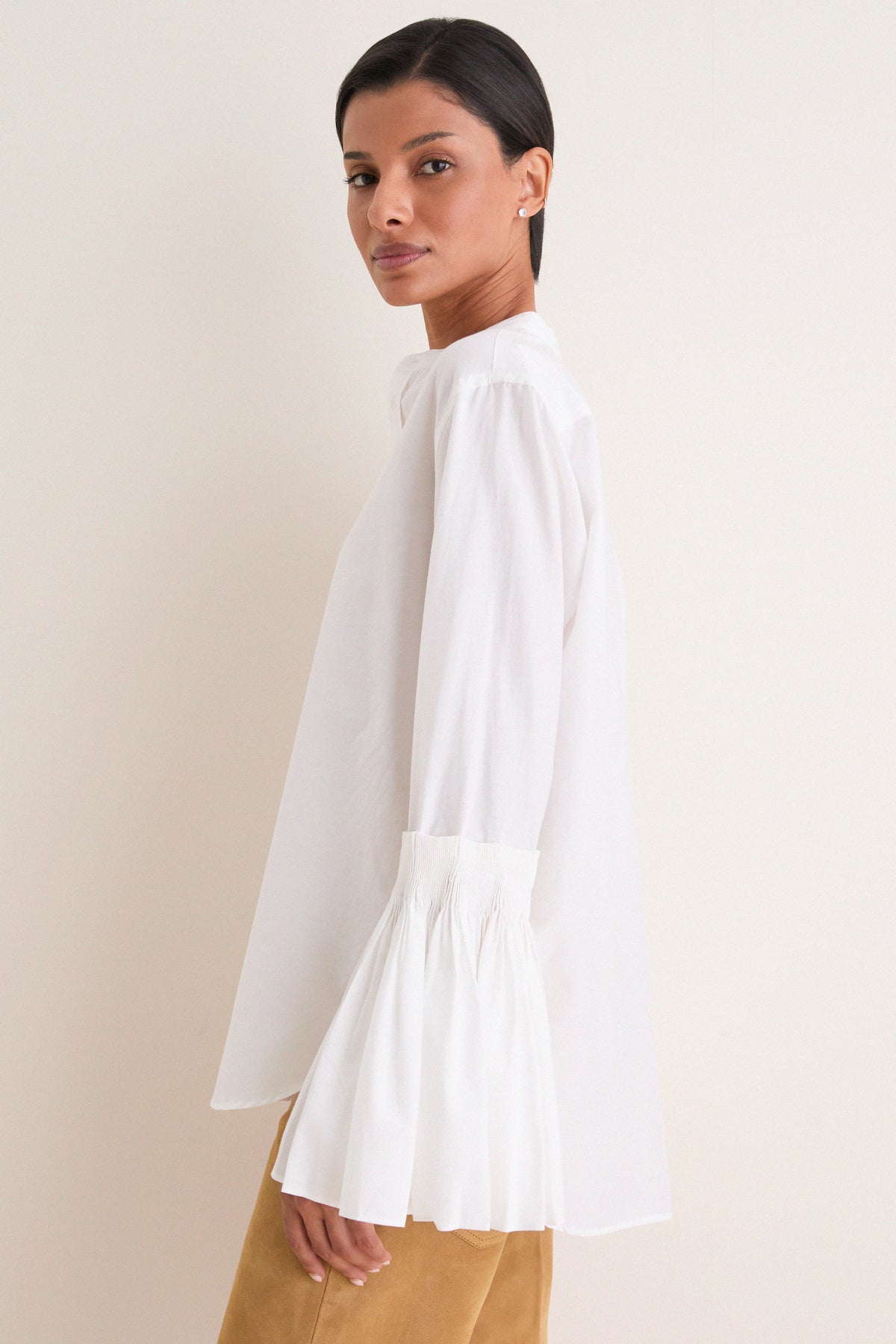 White Cotton Silk Organdy Band Collar Shirt