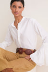 White Cotton Silk Organdy Band Collar Shirt