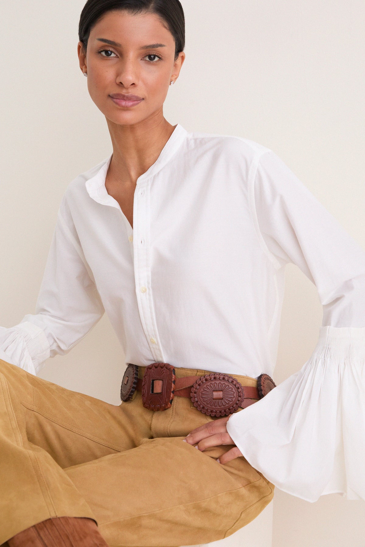 White Cotton Silk Organdy Band Collar Shirt
