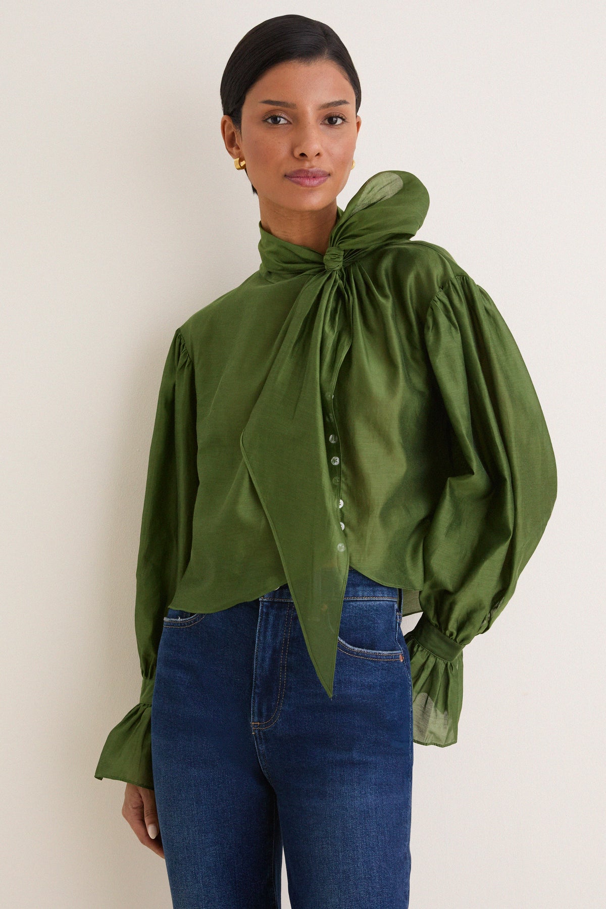 Green Cotton Silk Organdy Long Sleeve Tie Shirt
