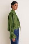 Green Cotton Silk Organdy Long Sleeve Tie Shirt
