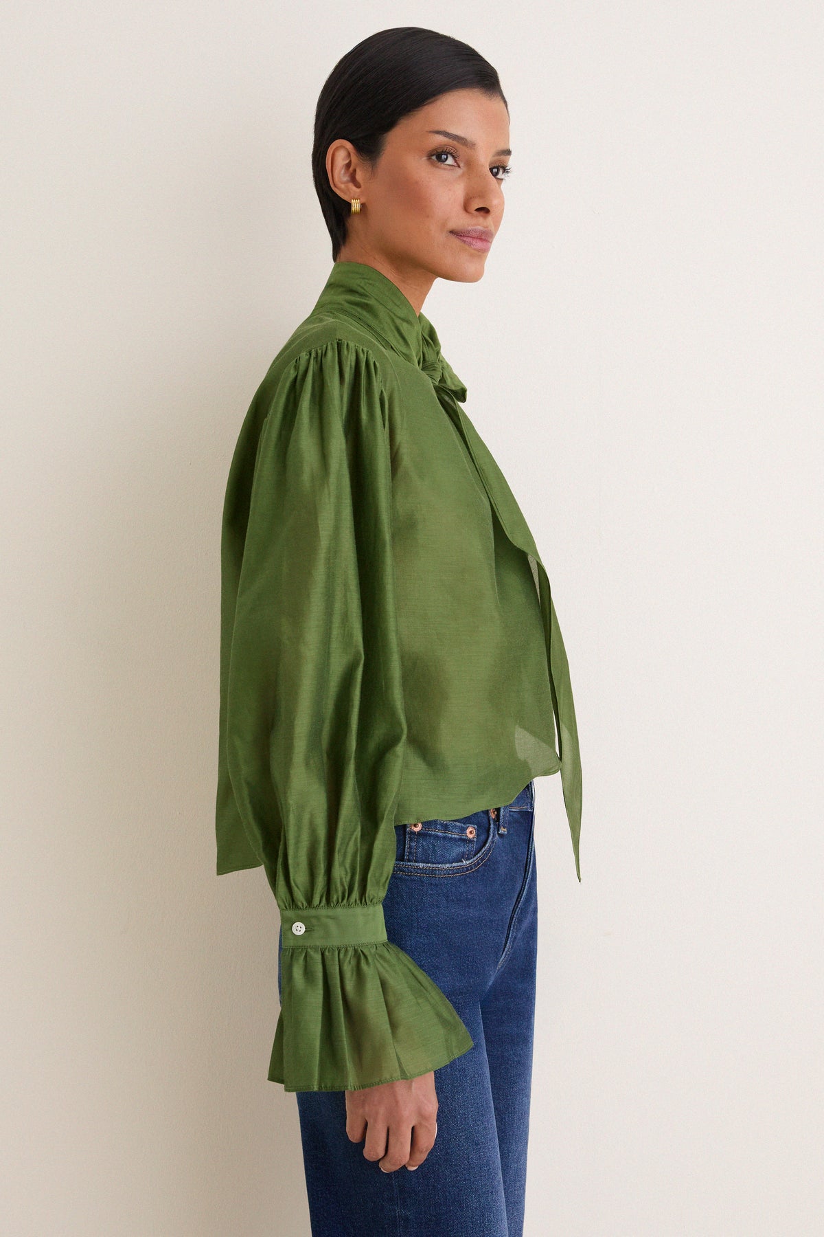 Green Cotton Silk Organdy Long Sleeve Tie Shirt