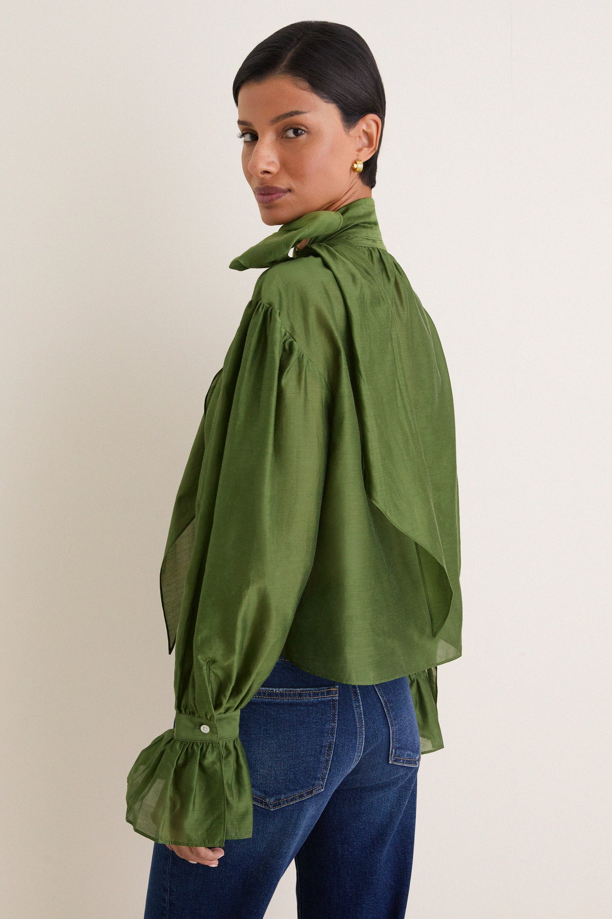 Green Cotton Silk Organdy Long Sleeve Tie Shirt