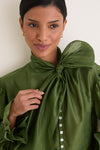 Green Cotton Silk Organdy Long Sleeve Tie Shirt