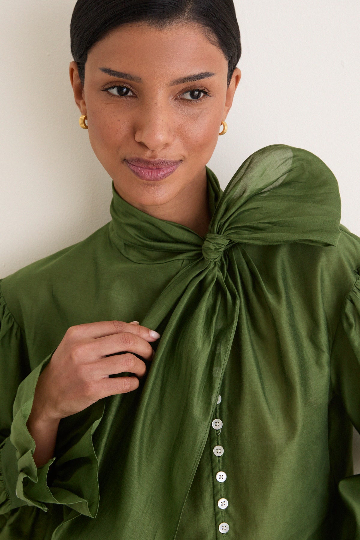 Green Cotton Silk Organdy Long Sleeve Tie Shirt