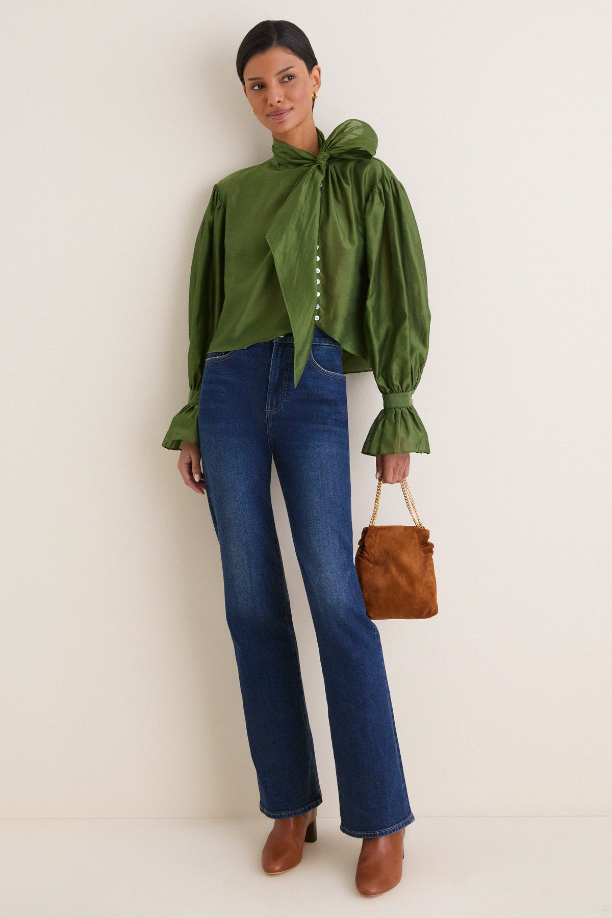 Green Cotton Silk Organdy Long Sleeve Tie Shirt
