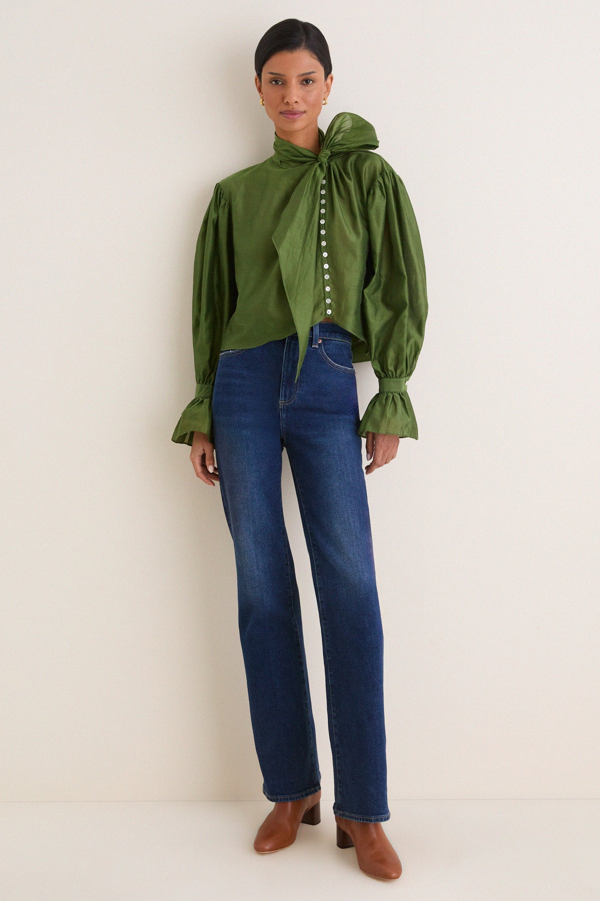 Green Cotton Silk Organdy Long Sleeve Tie Shirt