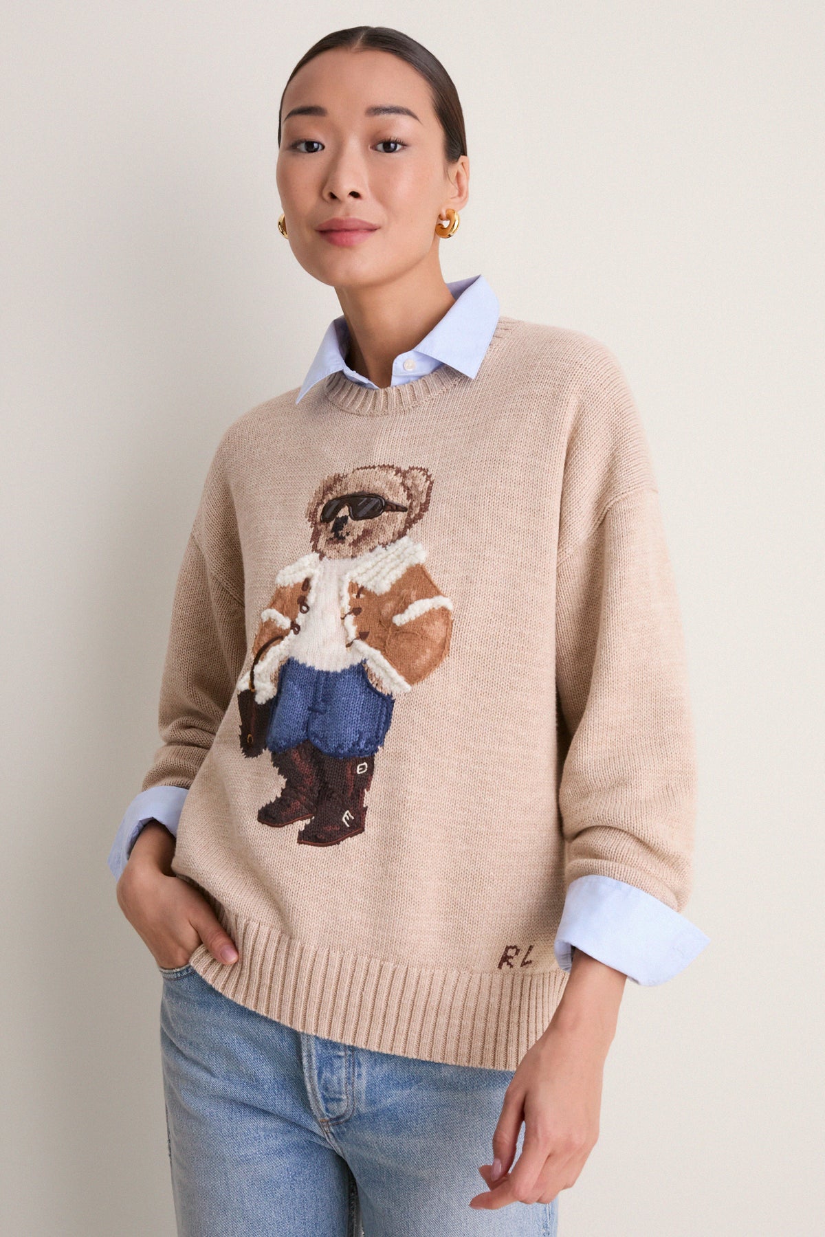 Tan Multi Cotton Long Sleeve Crewneck Sweater