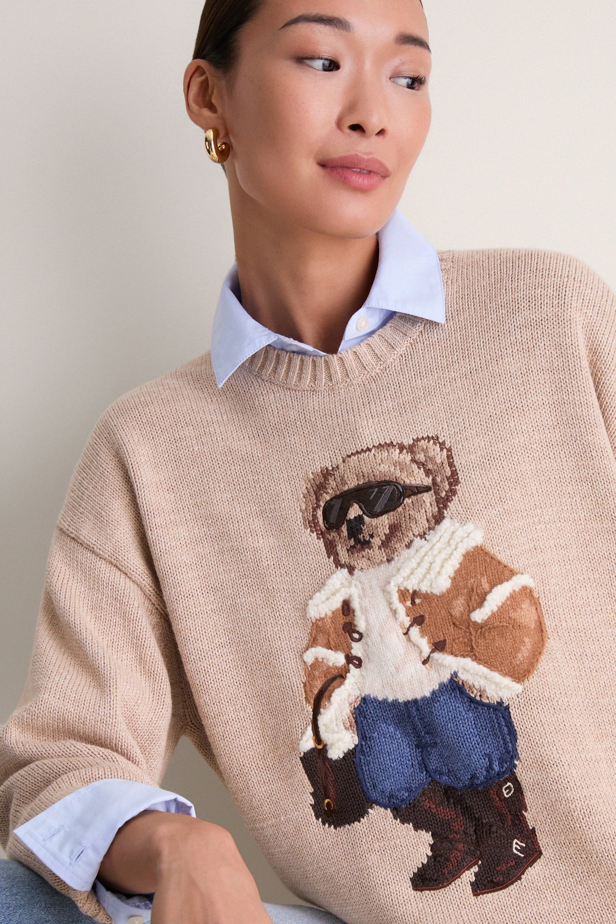 Tan Multi Cotton Long Sleeve Crewneck Sweater