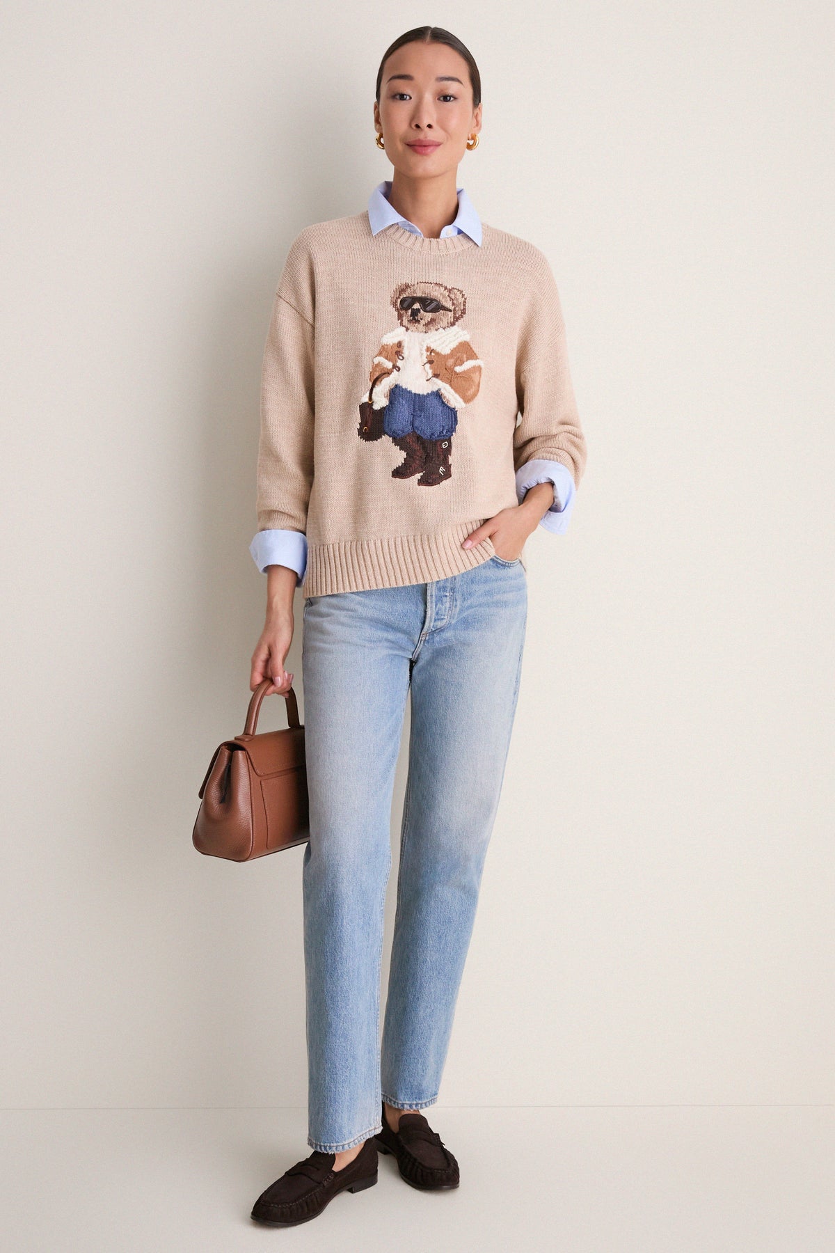 Tan Multi Cotton Long Sleeve Crewneck Sweater